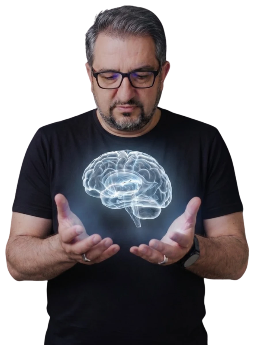 Adriano de Marqui com um cérebro em holograma sobre as mãos