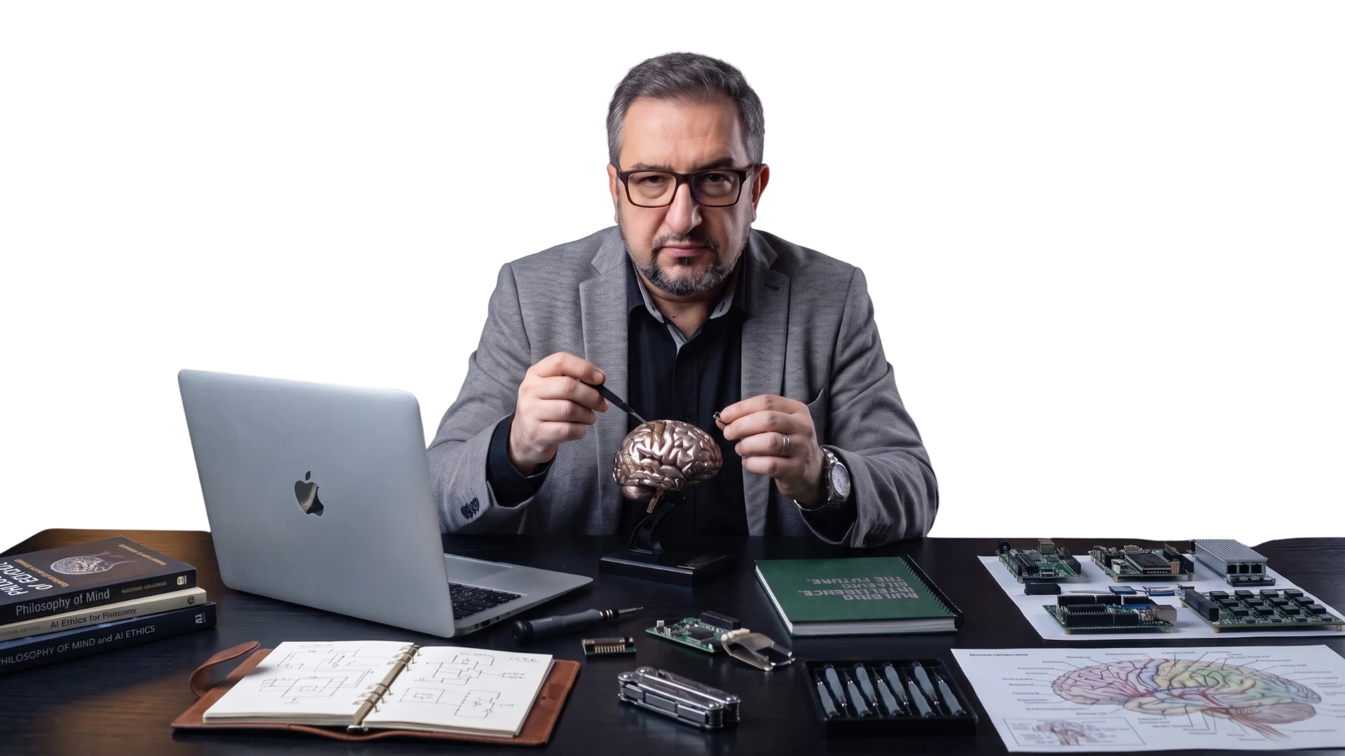 Adriano de Marqui na bancada, ajustando um cérebro de metal entre livros, notebook e placas de circuito